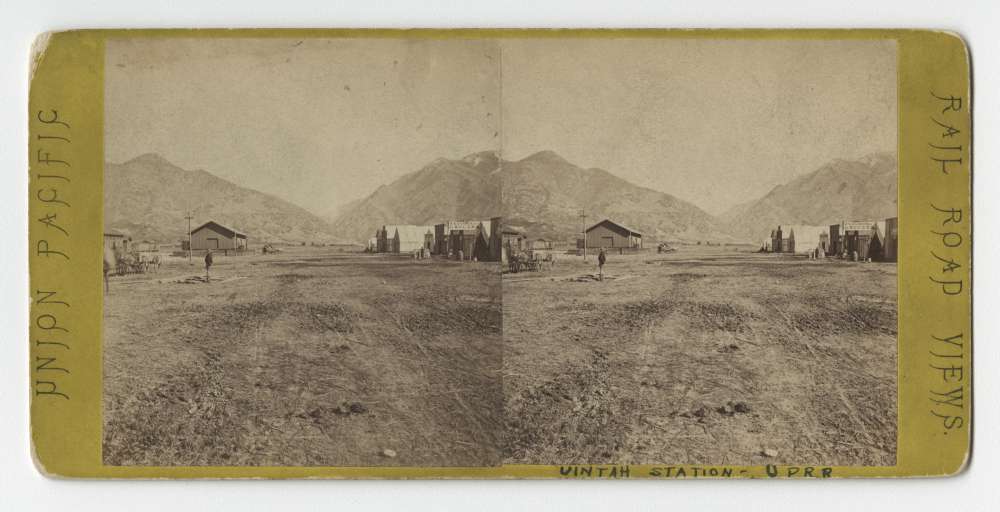 A stereo card showing Uintah Station, 1869
