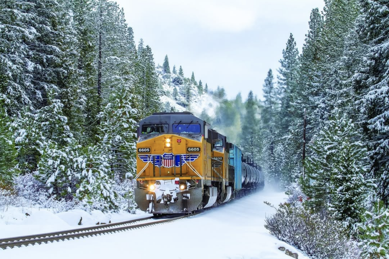 Union Pacific locomotive in winter landscape