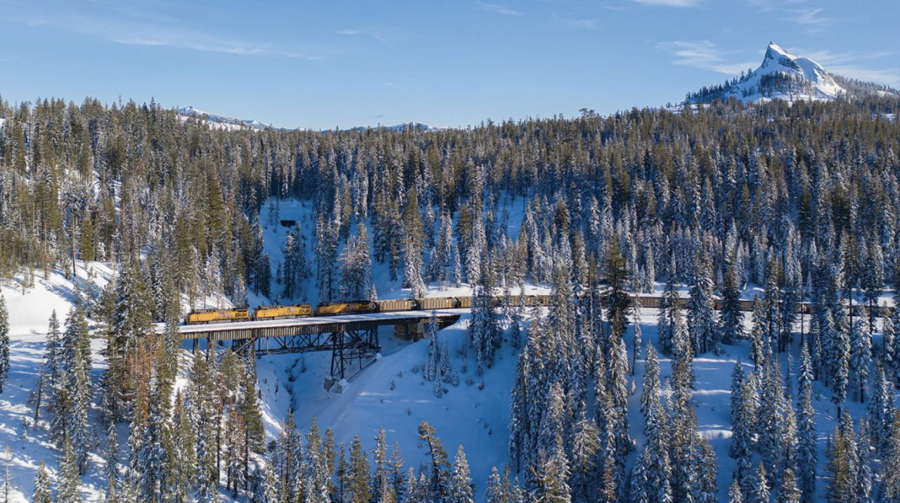 Winter landscape in Troy, California of a Union Pacific locomotive